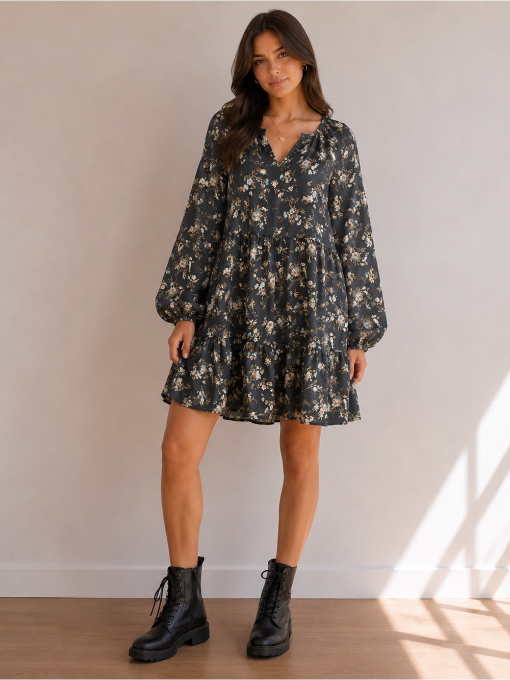 True Craft Dark Gray Floral Tiered Long-Sleeve Dress